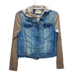 Wallflower Girls M Denim Hoodie Jacket Blue Jean Zip Up Velour Sleeves